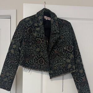 Free People Black and Green Patterned Blazer